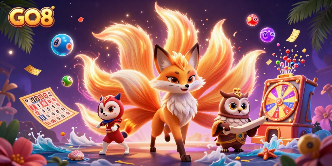 Engage in the vibrant world of GO8 as colorful lottery elements and magical characters come alive in this casino scene.