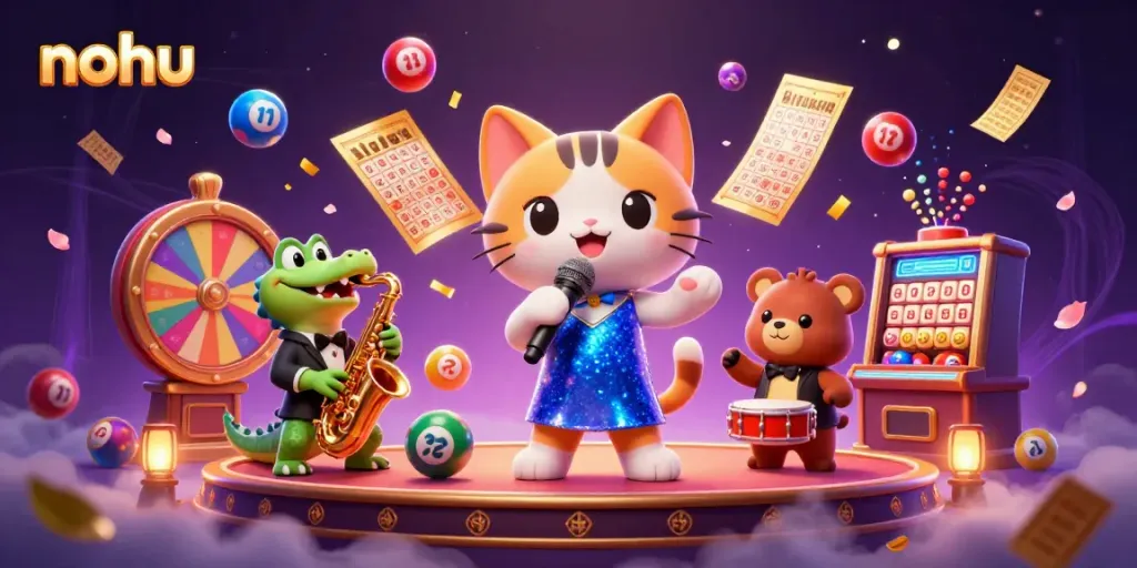 Experience nohu jackpots while enjoying vibrant animated casino scene with musical characters.