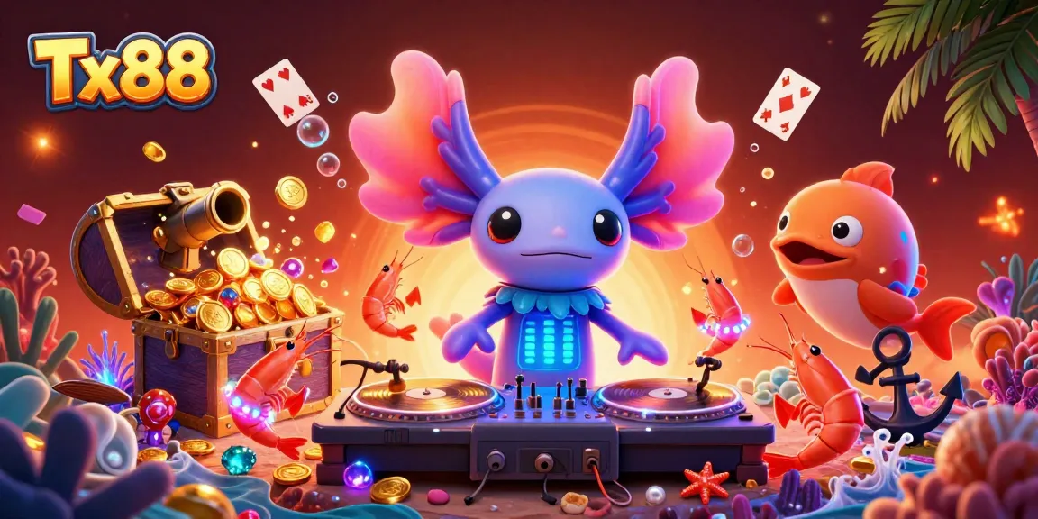 Spin to win at Tx88 Casino with a vibrant underwater DJ party scene filled with gems and glowing treasures.