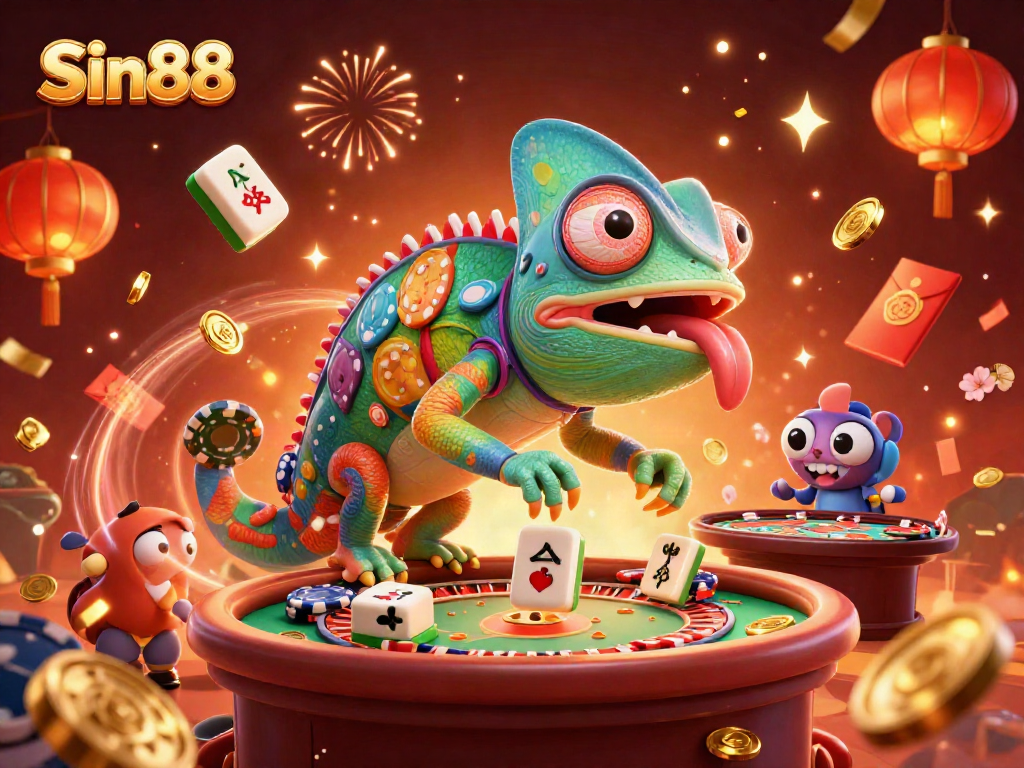Sin88 casino owner character celebrates with colorful elements and gaming features in a lively casino scene.