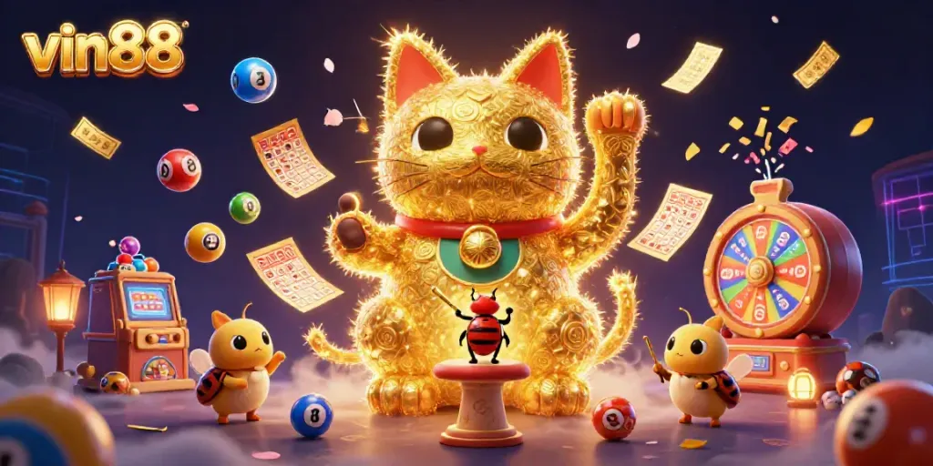 Experience the excitement of vin88 with golden fireflies forming a lucky cat amidst dynamic gambling symbols.