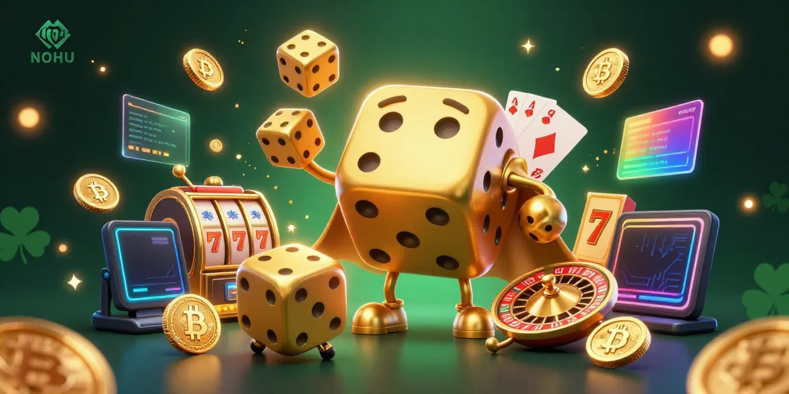 Experience the excitement of NOHU with a vibrant 3D casino illustration showcasing dynamic characters and game elements.