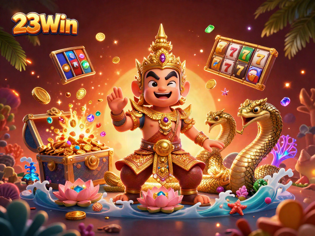 Experience winning with 23Win's exciting slot games and treasures in this vibrant 3D scene.