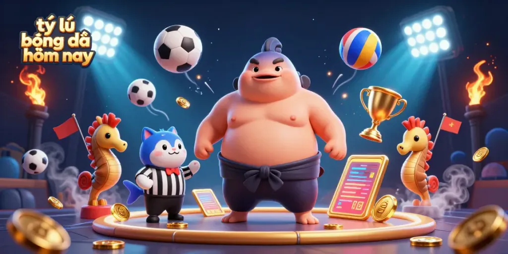 Capture the thrill of sports betting with tỷ lệ bóng đá hôm nay, showcasing animated characters and dynamic elements.