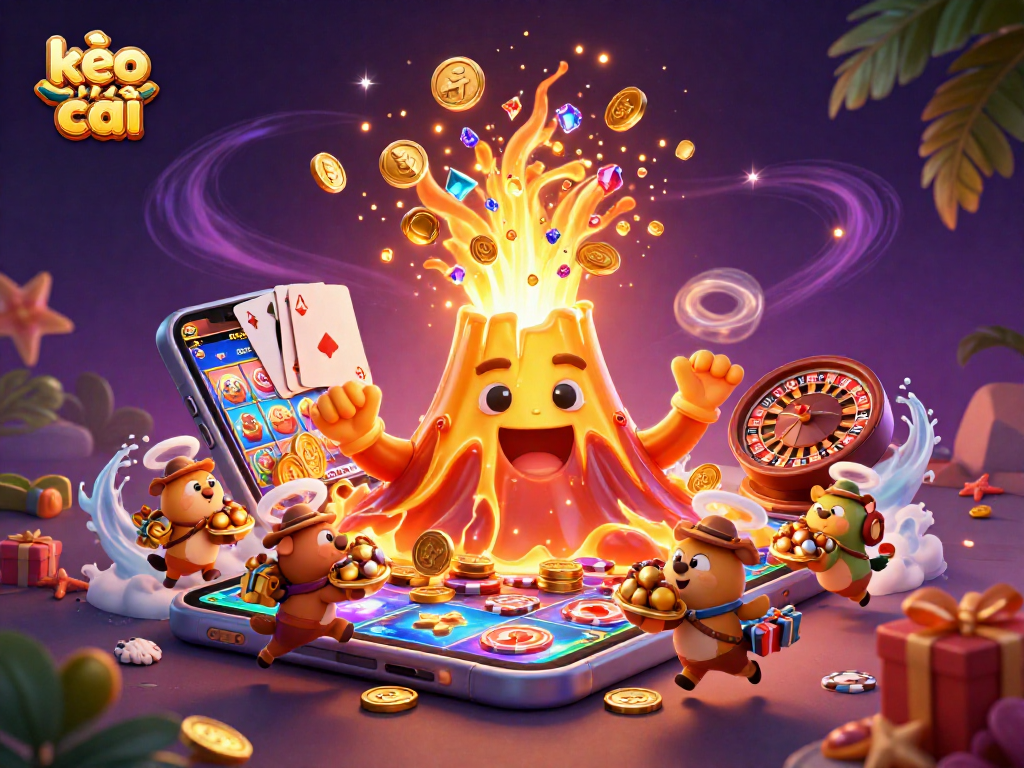 Engage with kèo nhà cái through an exciting scene showcasing a golden volcano erupting coins and gaming elements.