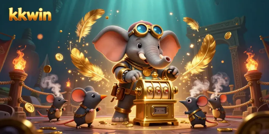 Engage with the kkwin experience, showcasing a cartoon elephant engineer at a golden slot machine amid lavish gambling elements.