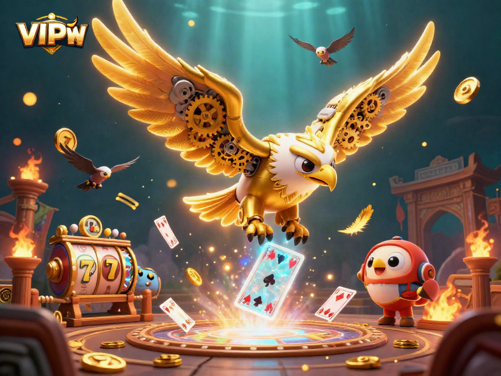 Engage with VIPWIN’s dynamic gaming thrill, featuring a cybernetic eagle amidst vibrant slot elements.