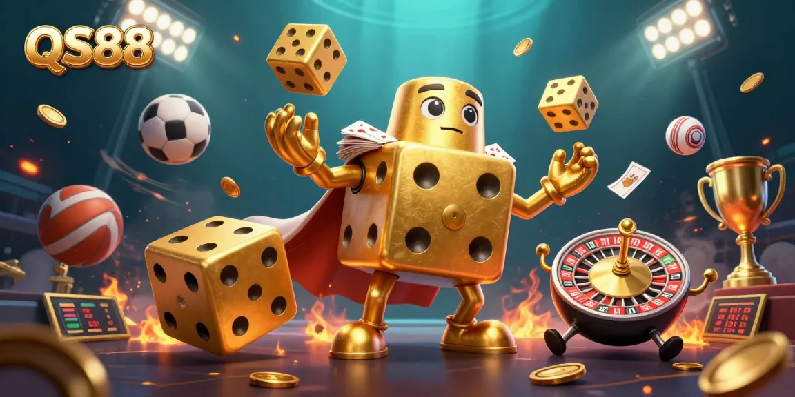 Experience the thrilling world of QS88 with dynamic golden dice and sports elements in an immersive casino illustration.