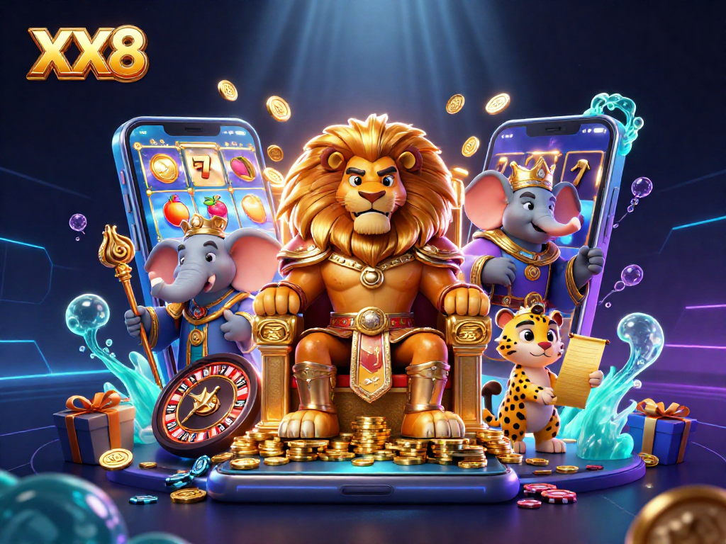 Experience thrilling gameplay at XX8 with a vibrant scene of a regal lion king and casino elements.