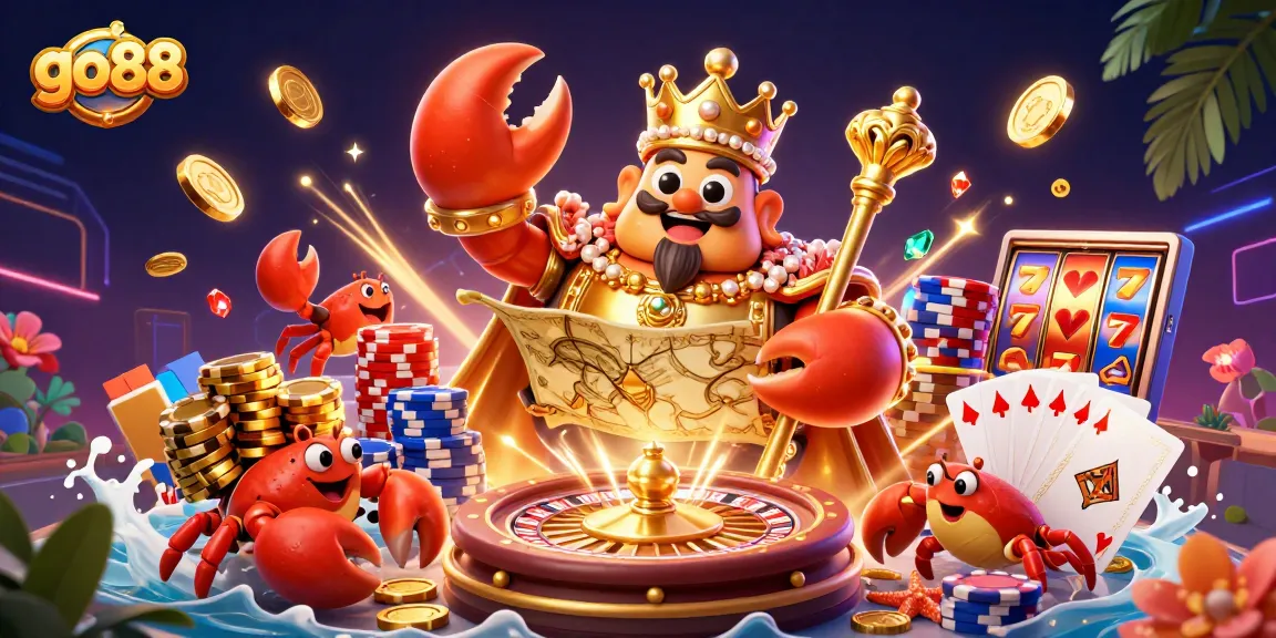 Engage in exhilarating gaming at go88 featuring a golden crab emperor and vibrant casino elements.