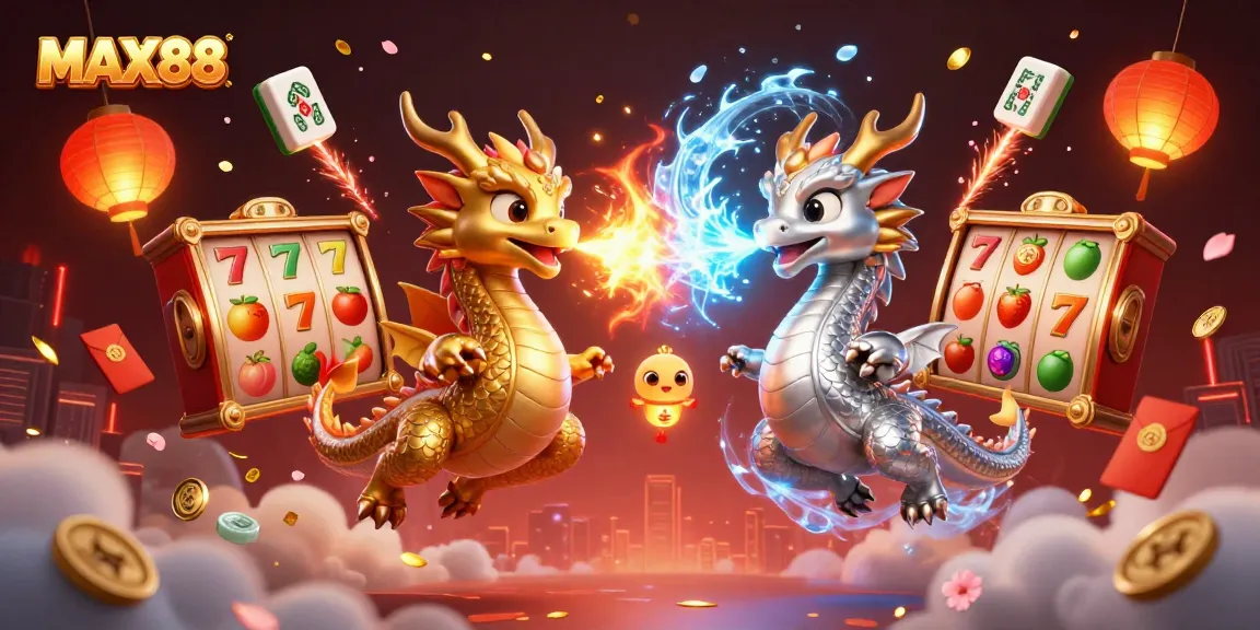 MAX88 features twin dragons amidst vibrant slot game elements for exciting casino visuals.