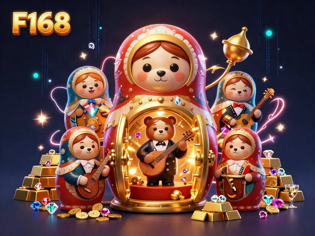 Experience the excitement of F168 with a dynamic illustration of Russian Matryoshka bears in casino dealer outfits.