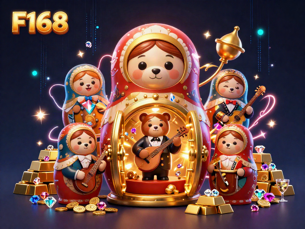 Experience the excitement of F168 with a dynamic illustration of Russian Matryoshka bears in casino dealer outfits.
