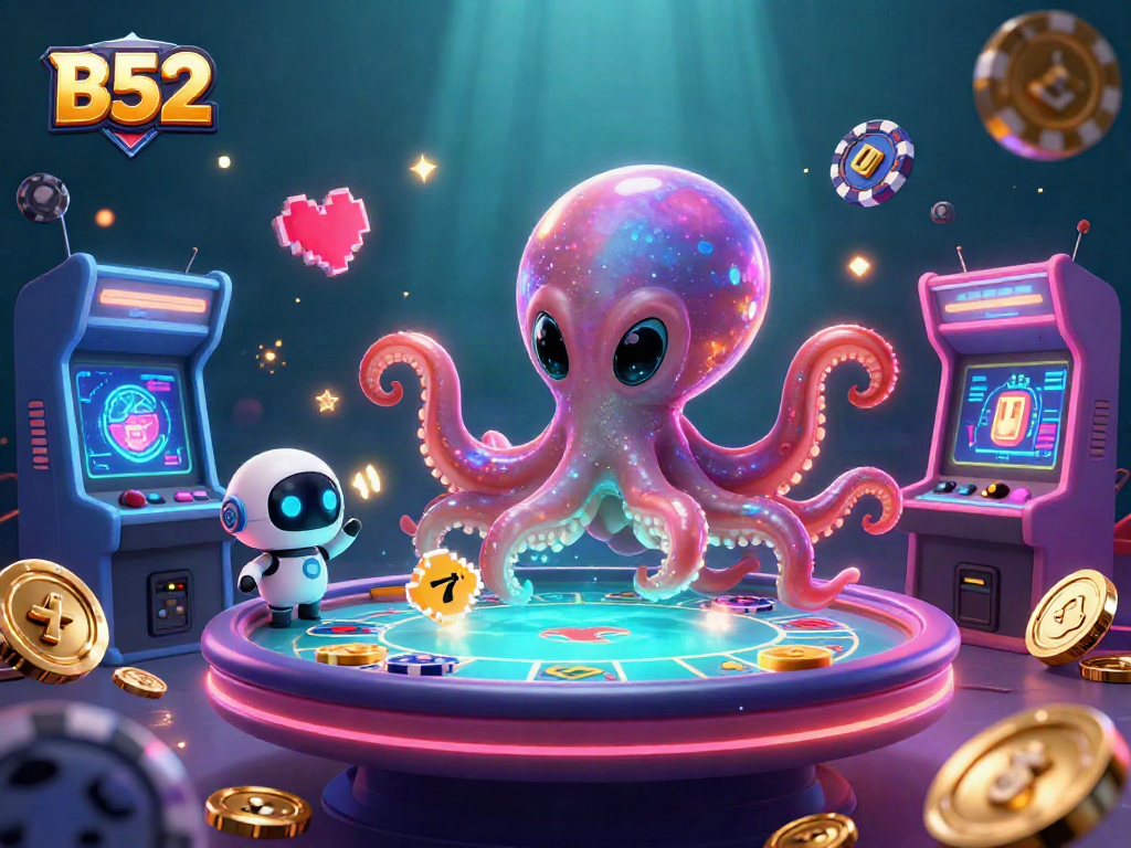B52-themed casino illustration showing an alien octopus playing poker at a holographic table.