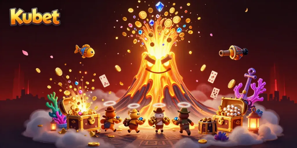 Kubet's captivating gaming world comes alive with a golden volcano erupting treasures, illustrating the excitement of winning.
