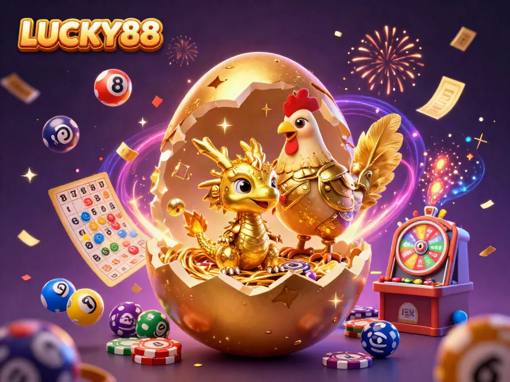 Experience the excitement at LUCKY88 with a golden dragon guarding poker chips amidst lottery fun.
