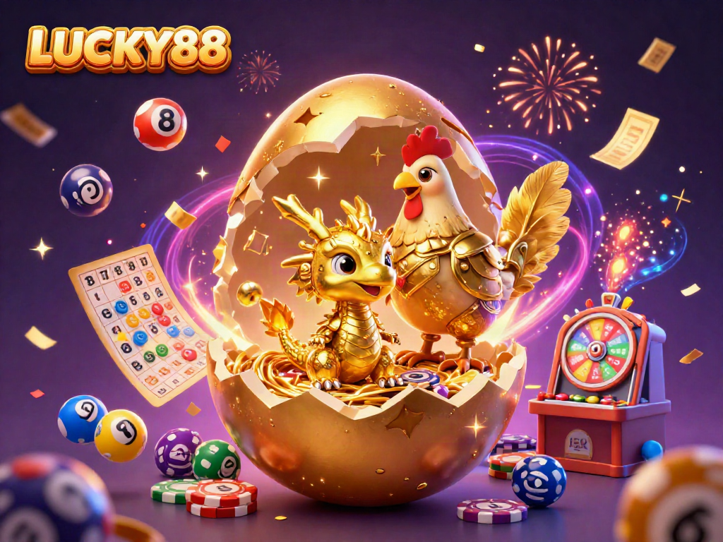 Experience the excitement at LUCKY88 with a golden dragon guarding poker chips amidst lottery fun.