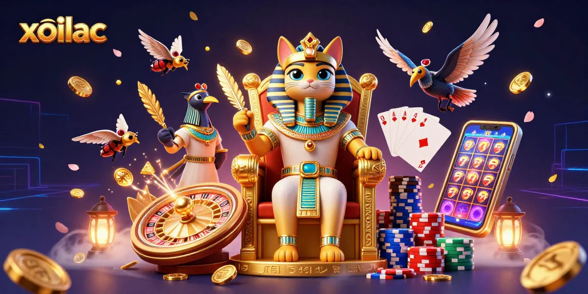 Join Xoilac for high-stakes online gambling with Egyptian royalty-themed casino illustration.