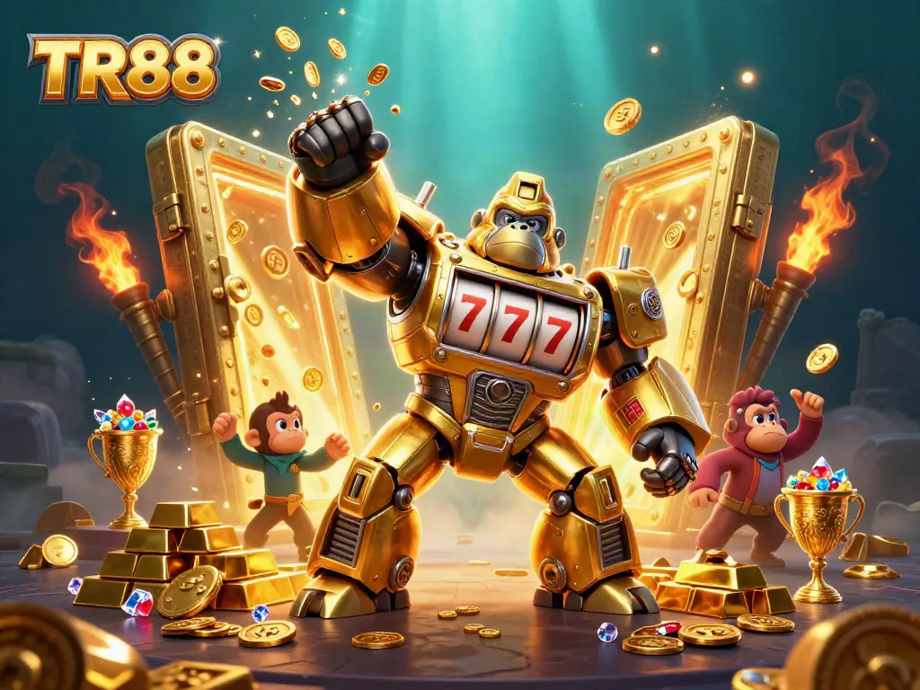 TR88 players experience thrilling wins with a golden gorilla mech amidst a treasure-filled casino.