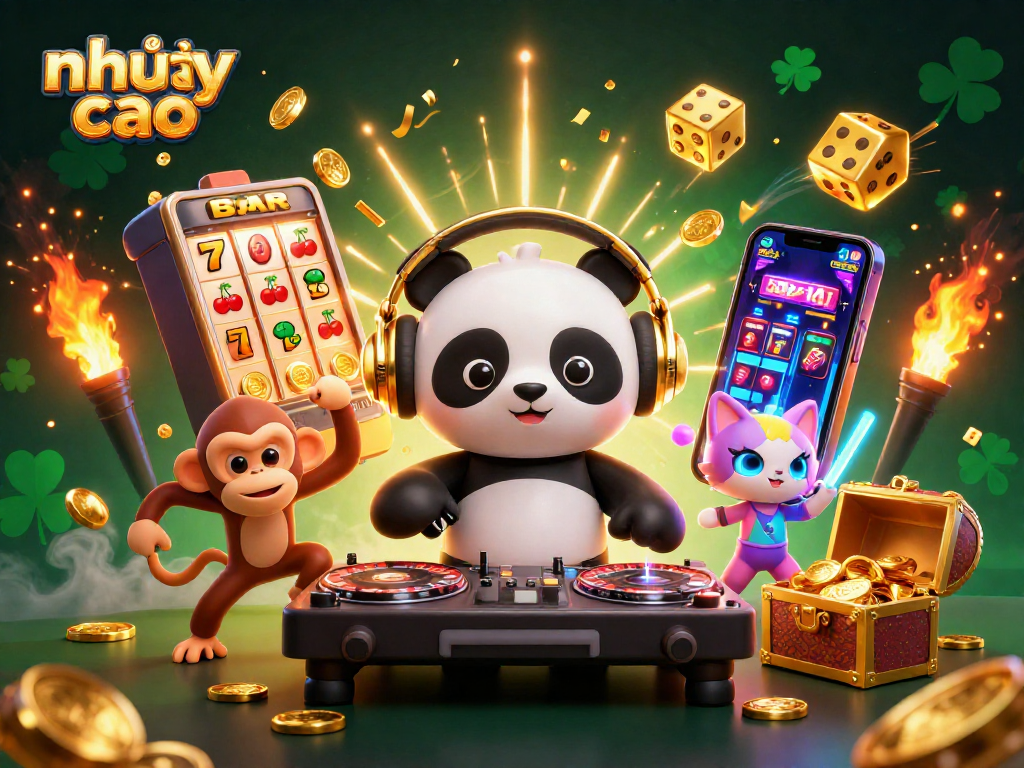 Engage in nhảy cao with the lively DJ panda, breakdancing monkey, and glow-stick kitten at a vibrant casino scene.