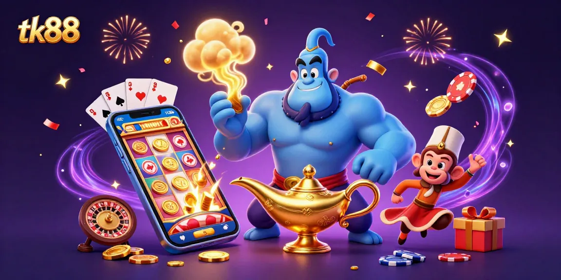 Spin to win at tk88 with a mesmerizing 3D genie, poker chips, and vibrant slots!