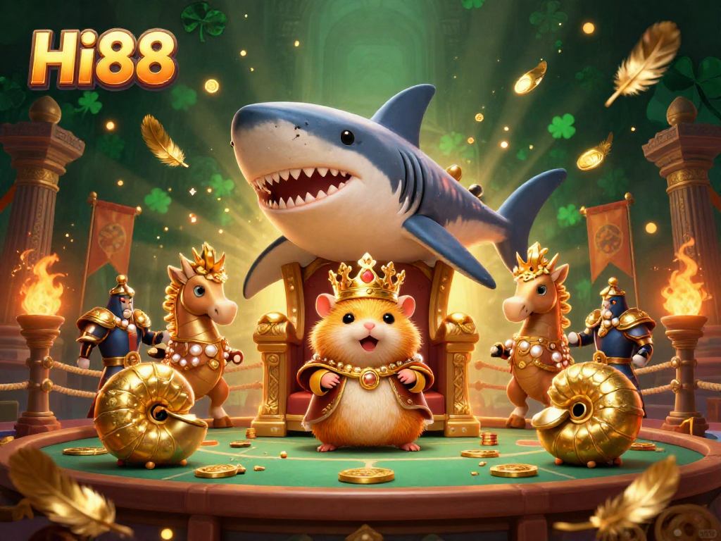Engage in thrilling casino moments with Hi88 featuring a golden hamster king and seahorse guards.
