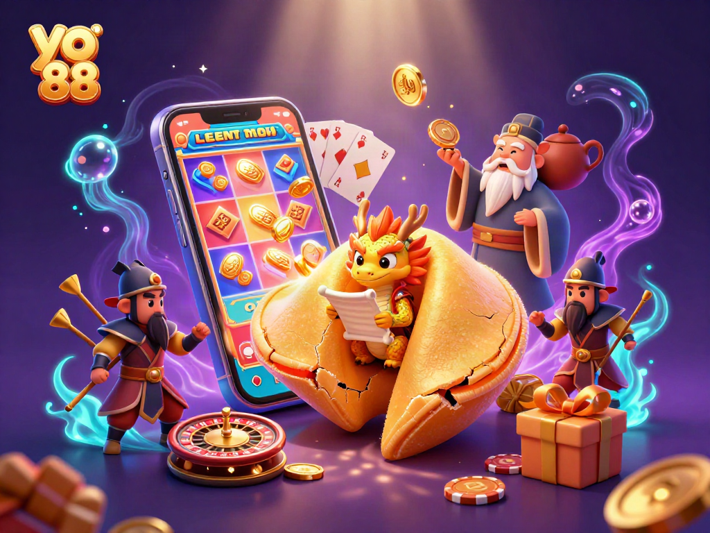 Spin to win at yo 88 with a colorful slot game surrounded by fortune characters.