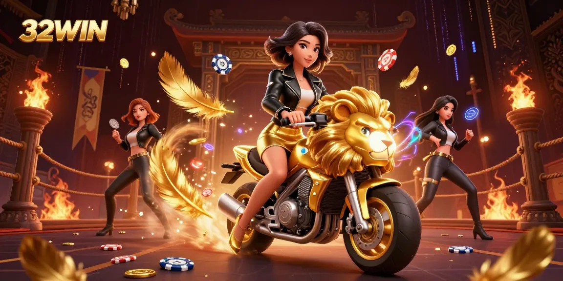 Experience the thrill of winning at 32WIN with vibrant 3D casino elements and a glamorous character.