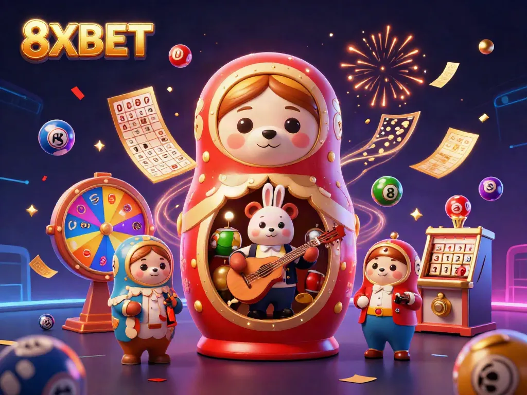 Engage with the vibrant 8XBET casino scene featuring exciting lottery elements and animated characters.