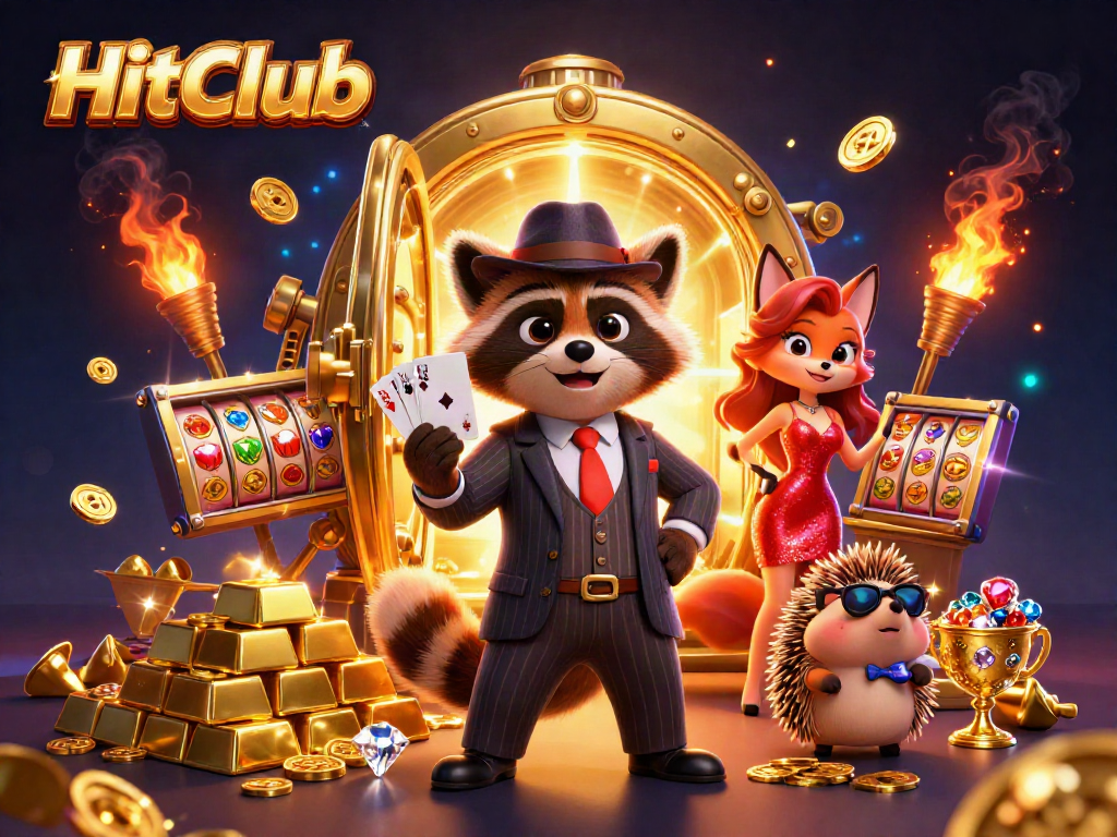 Bet on HitClub with charming characters in a vibrant casino scene filled with jackpots.