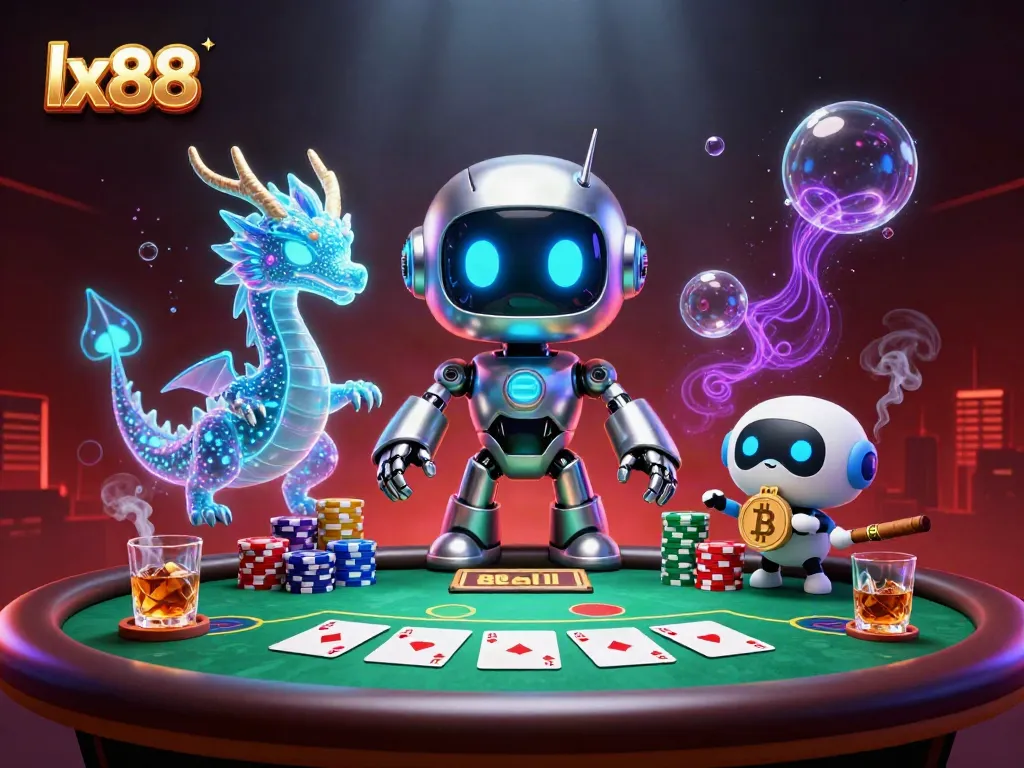 Join the excitement at lx88 with a vibrant casino scene featuring cyberpunk robots, poker chips, and neon lights.