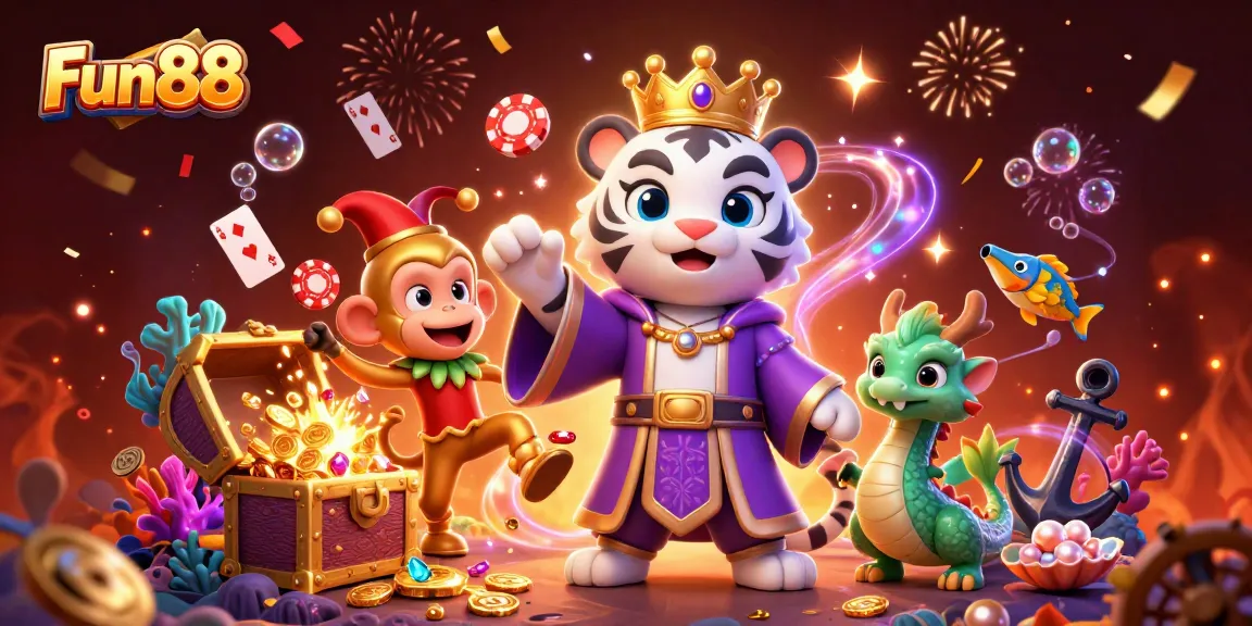 Experience Fun88 thrilling gameplay with vibrant characters, poker chips, and festive casino elements.