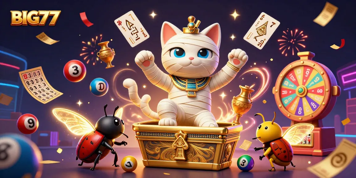 Watch the BIG777 Egyptian mummy cat unveil excitement in a vibrant casino scene filled with dynamic lottery elements.