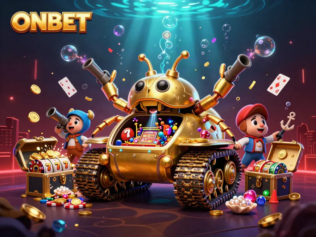 Experience ONBET's unique 3D cartoon casino world with gold coins and vibrant game elements.