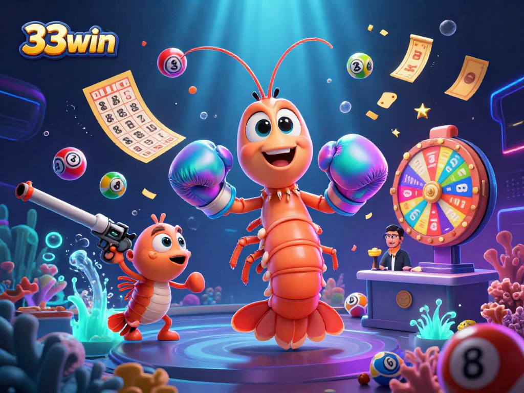 Engage with 33win’s vibrant lottery scene, featuring dynamic lottery balls and colorful characters.