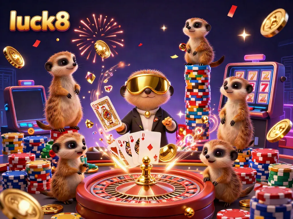Experience the exciting casino atmosphere with luck8 as meerkats run games, scatter chips, and spin the roulette wheel.