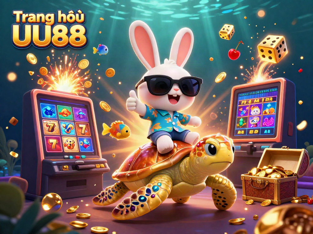 Win big at Trang chủ UU88 with vibrant casino games and lucky rabbit mascot celebrating jackpots.