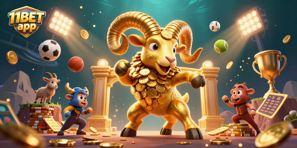 Bet on the thrilling 11BET app with a dynamic scene of a golden ram charging through a sports-themed casino.