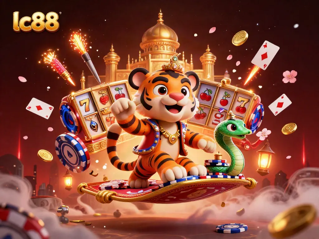 Play dynamic slots with lc88, explore colorful themes and symbols in this vibrant casino scene.