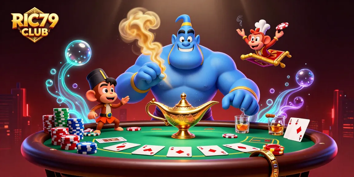 Engage in thrilling games at RIC79 CLUB with a vibrant 3D casino illustration featuring lively characters.