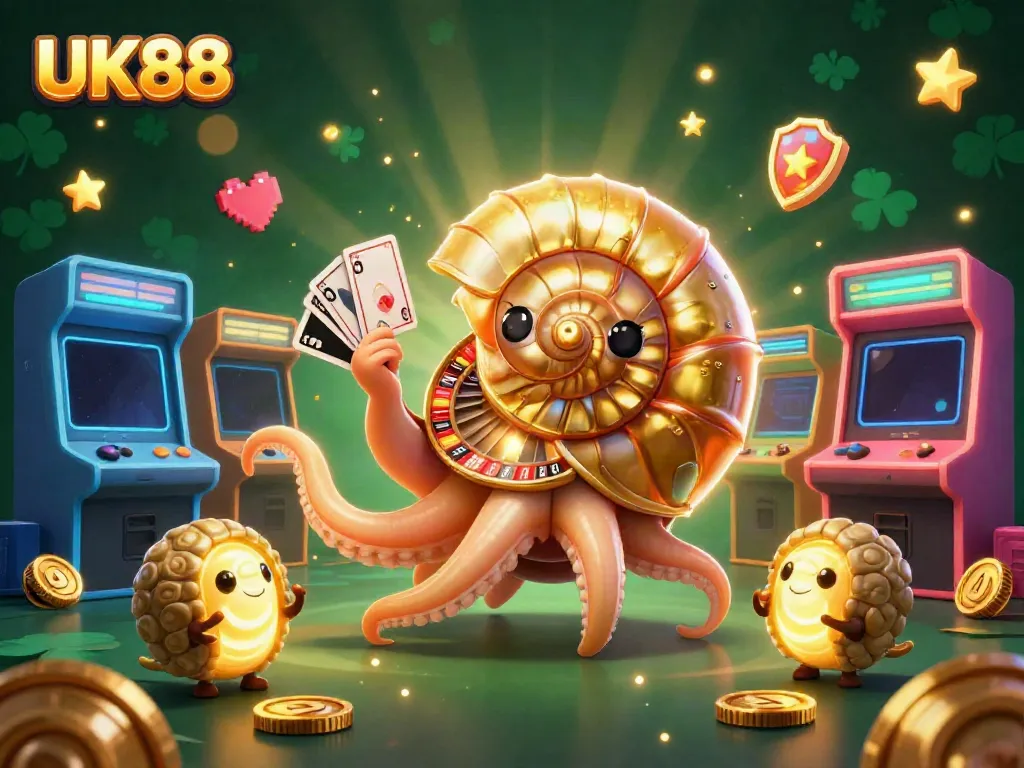 Experience thrilling wins with UK88 in this ultra-detailed illustration of a magical casino world with vibrant arcade elements.