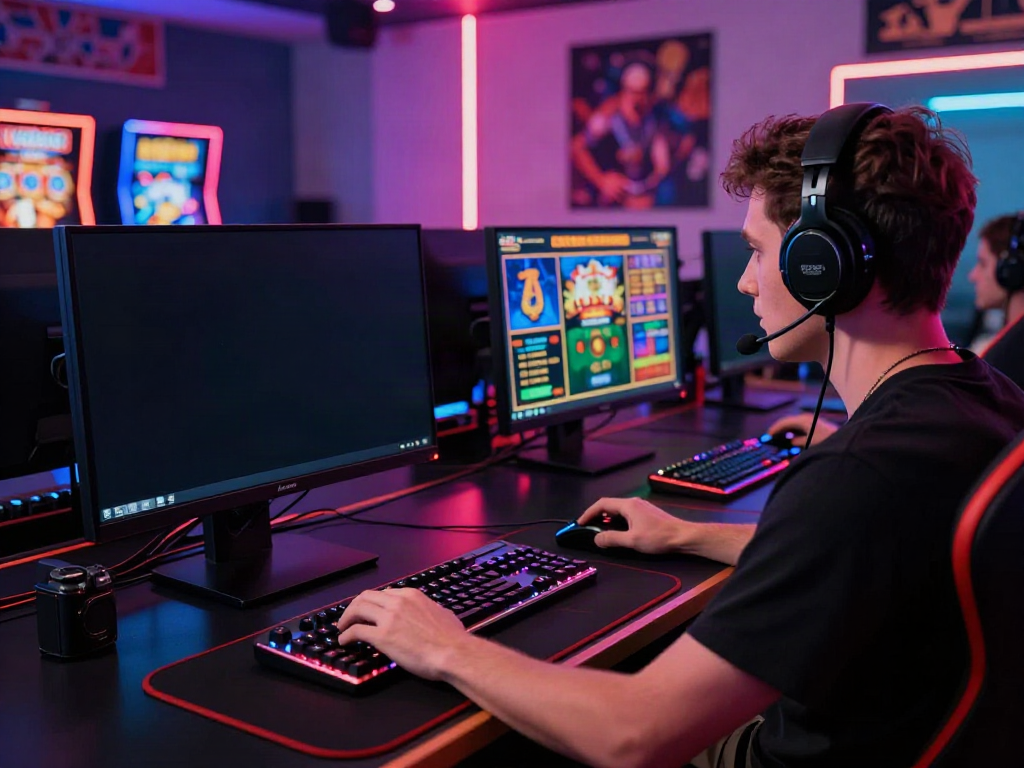 Person playing at a vibrant non UK casino on a high-resolution monitor amidst a stylish gaming setup.