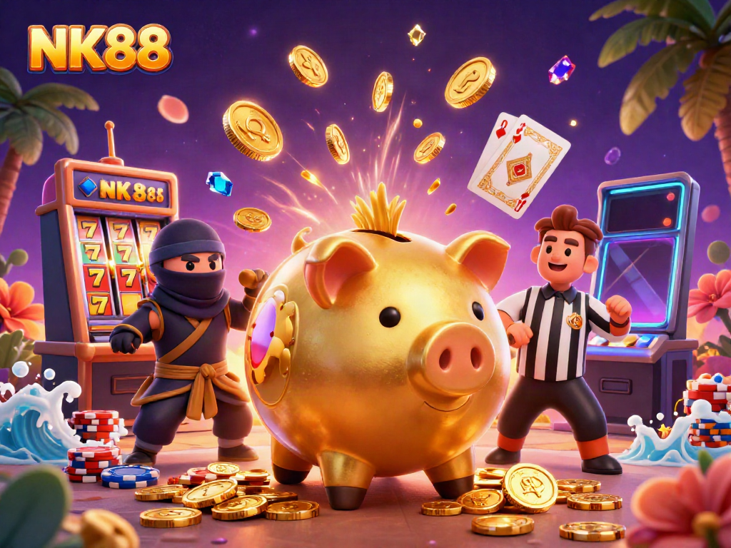 Celebrate wins at NK88 with dynamic casino characters and vibrant gaming elements.