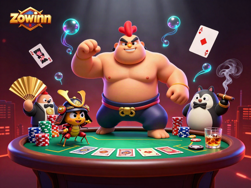 Zowinn offers a thrilling poker showdown with sumo wrestlers, cricket warriors, and vibrant casino elements.