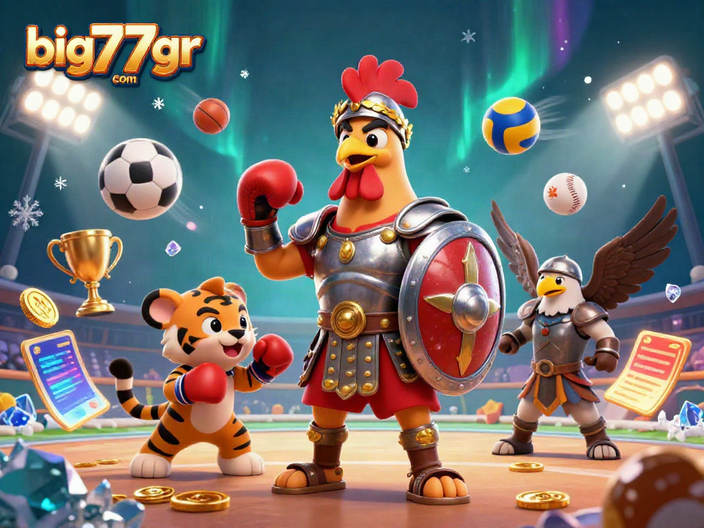 Engage with big777gr com in a lively casino scene featuring iconic slot elements and dynamic sports energy.