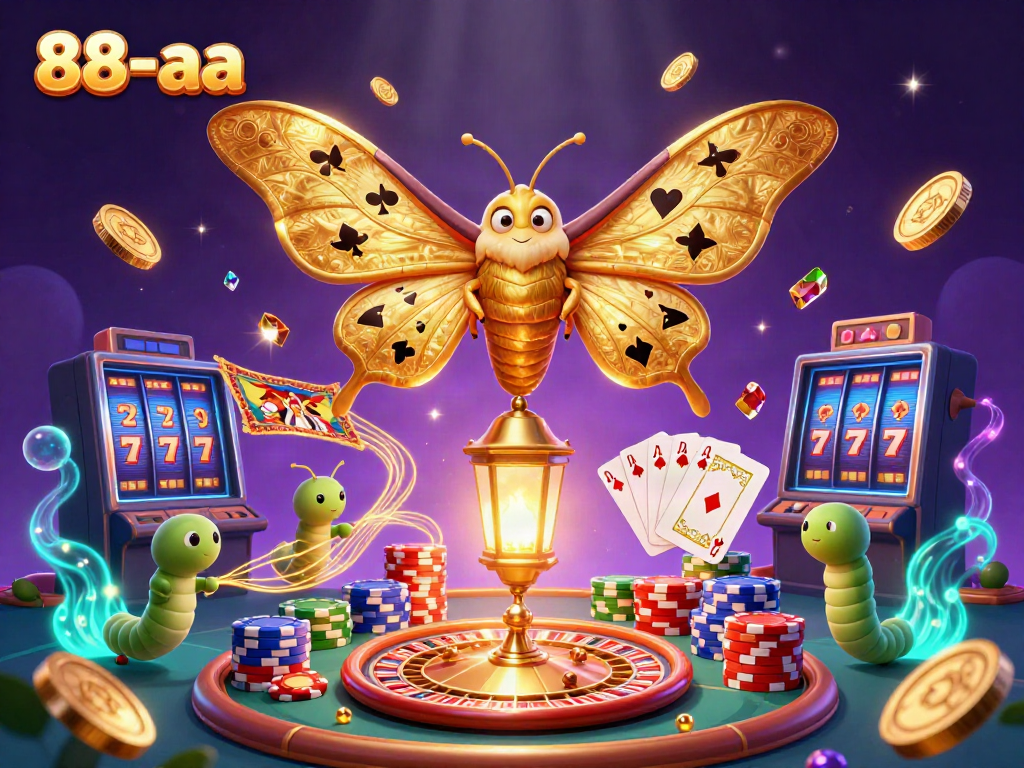 Engage with 88-aa as majestic moths illustrate the thrill of casino gaming among golden treasures.