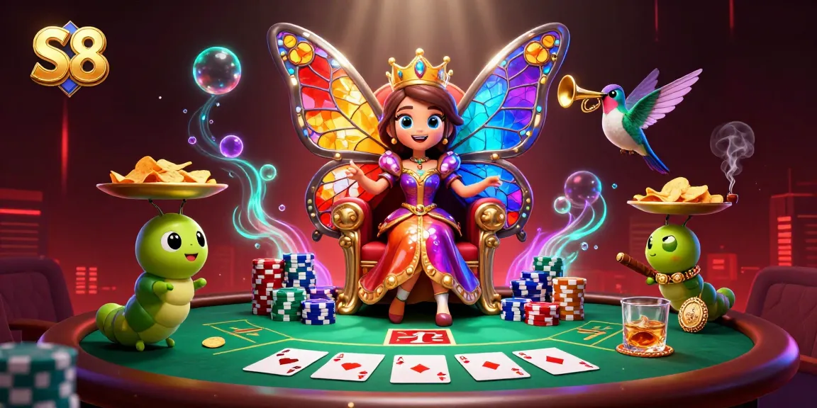 S8 depicts a vibrant scene with a butterfly queen and poker elements, showcasing gambling energy.