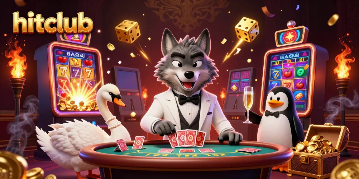 HitClub offers exhilarating casino gameplay with animated characters at a baccarat table, celebrating jackpots.