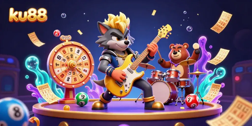 Engage with ku88's vibrant casino stage featuring a rock star wolf and drummer bear, amidst colorful lottery elements.
