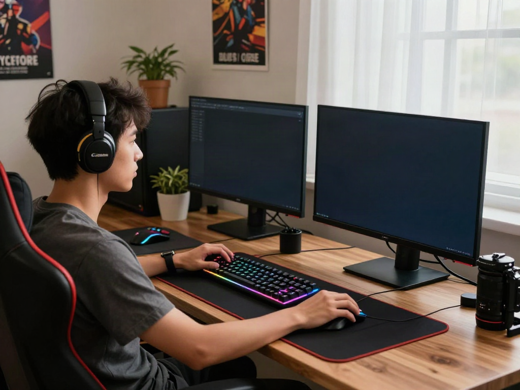 Engaged player enjoying a live game on 9bet platform in a vibrant home office.
